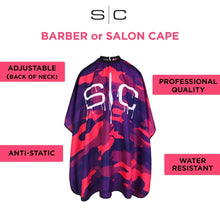 Cargar imagen en el visor de la galería, Stylecraft SC Waterproof Barber/Stylist Cape with Adjustable Closure in Pink and Purple Camo Design